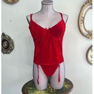 Vintage Y2K Red Velvet Corset Garter Top & Thong Set Style No. 4123